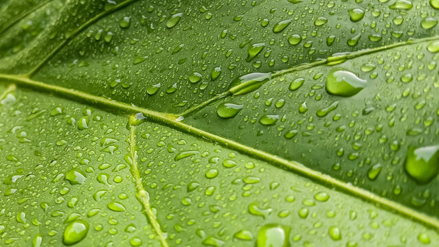 Green background of wet leaves with water dew