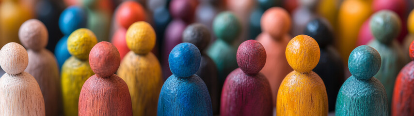 Colourful wooden figures, visualizing diversity of all people, created with generative AI technology