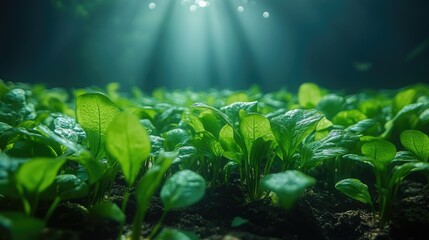 Fototapeta premium Lush green spinach seedlings growing in rich soil, illuminated by sunlight from above.