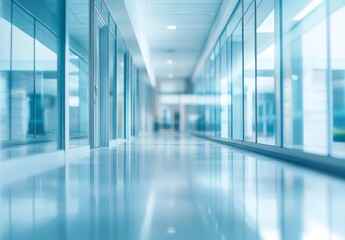 Modern, bright hallway with glass walls and shiny floor.