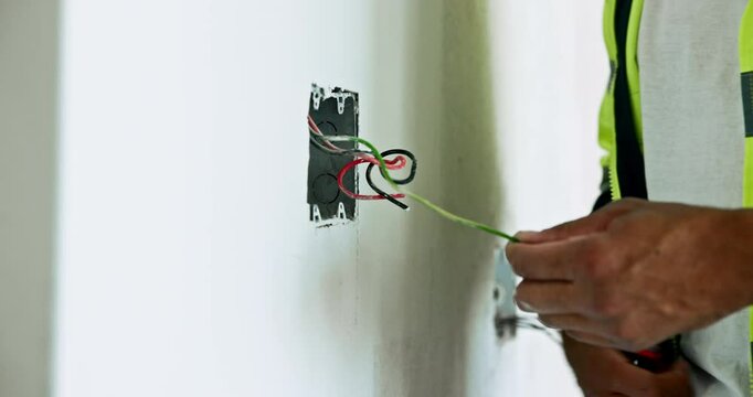Hands, electrician and handyman with tool, wall and construction with cable maintenance. Closeup, person and specialist with skills, wiring or engineering with contractor, light switch or home repair