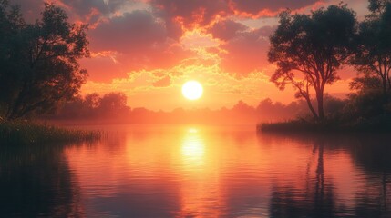 Obraz premium Fiery sunset over calm river, trees silhouetted.