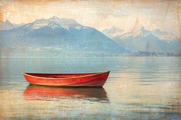 A serene view of lake geneva with a solitary red boat floating peacefully the majestic alps rise in the background.