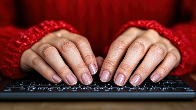 Close-up of Hands Typing on Braille Keyboard in Red Sweater