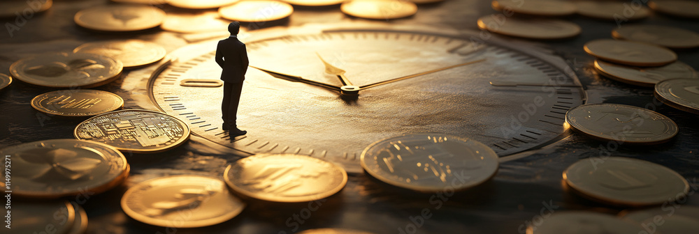 Poster an abstract clock made of coins, with each hour representing a different opportunity, while a figure
