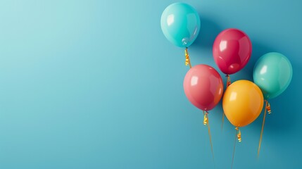 A cluster of colorful balloons against a blue background.