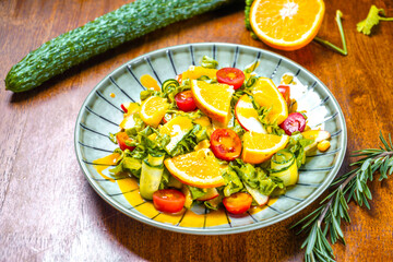 Garden salad on the brown table