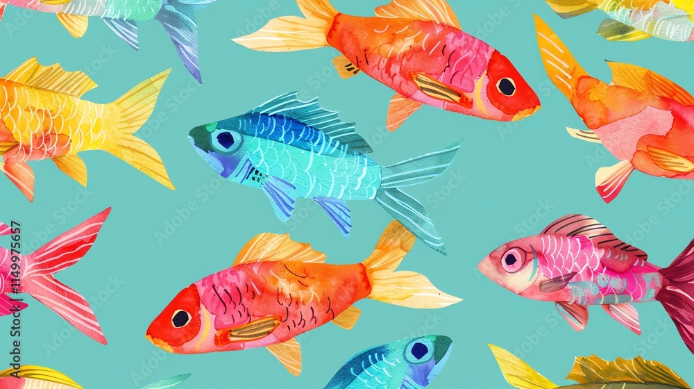 Poster a repeating pattern of colorful fish on a blue background.