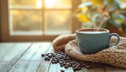 Inviting Autumn Coffee Scene Featuring White Mug, Rising Steam, and a Relaxing Indoor Setting