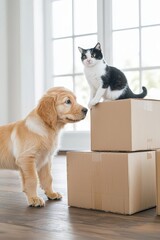 Adorable golden retriever puppy curiously looking at a black and white cat sitting on cardboard boxes in a bright living room.