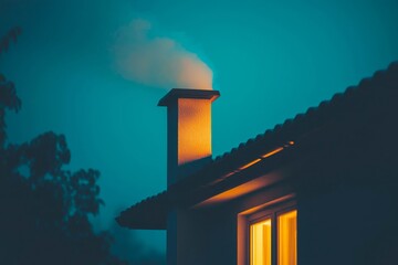 House with a chimney on a winter night.