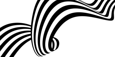 Abstract black and white striped curly ribbon geometrical shape isolated on white background
