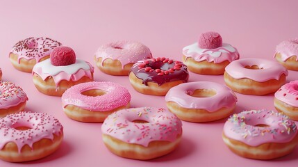 A collection of donuts in different colors and toppings, on a pink background.