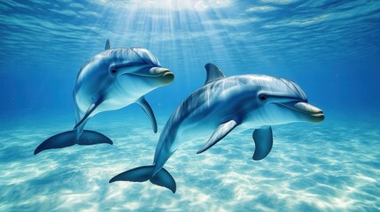 Obraz premium Two dolphins swimming side by side in a vast, open sea, the mothers protective presence evident in this sharp 4K capture