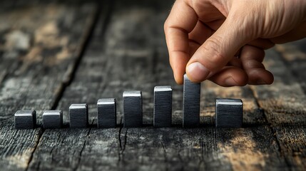 Hand placing metal blocks in rising graph rustic table setting