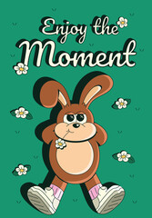 Enjoy the moment. Groovy rabbit character resting in a meadow of flowers, in a trendy retro, y2k cartoon style. Greeting card, poster, prints.