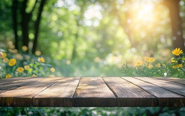 Wooden table in sunny forest with yellow flowers.