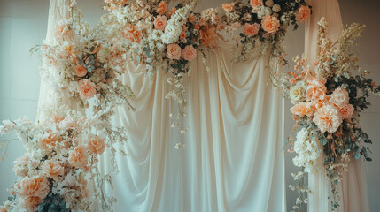 Elegant Photo Backdrop with Silk Drapes, Large Flowers, and Soft Lighting - Perfect for Sophisticated Shoots