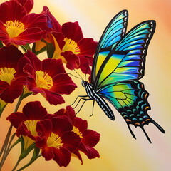 Fototapeta premium Vibrant Butterfly and Red Flowers in a Colorful Garden Setting