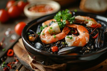 Delicious seafood black rice with shrimps and mussels, garnished with chives and parsley, served in a black bowl