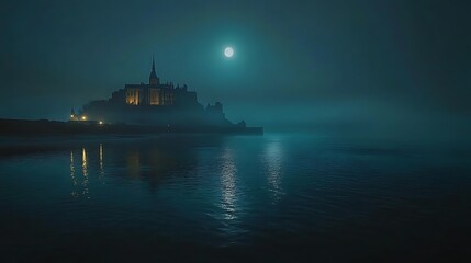 Obraz premium Nighttime mystery foggy landscape of mont saint-michel