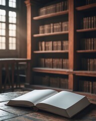 Blank Book Cover on Table with Bookshelf Background in Library Setting