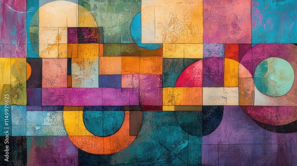 Poster a colorful abstract mixed media design where overlapping geometric shapes like squares, triangles, a