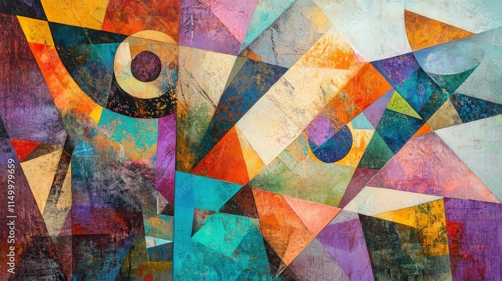 Poster a colorful abstract mixed media design where overlapping geometric shapes like squares, triangles, a