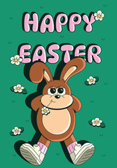 Happy Easter Day. Easter bunny resting in a meadow of flowers, in a trendy retro cartoon style. Greeting card, poster, prints, party invitations.