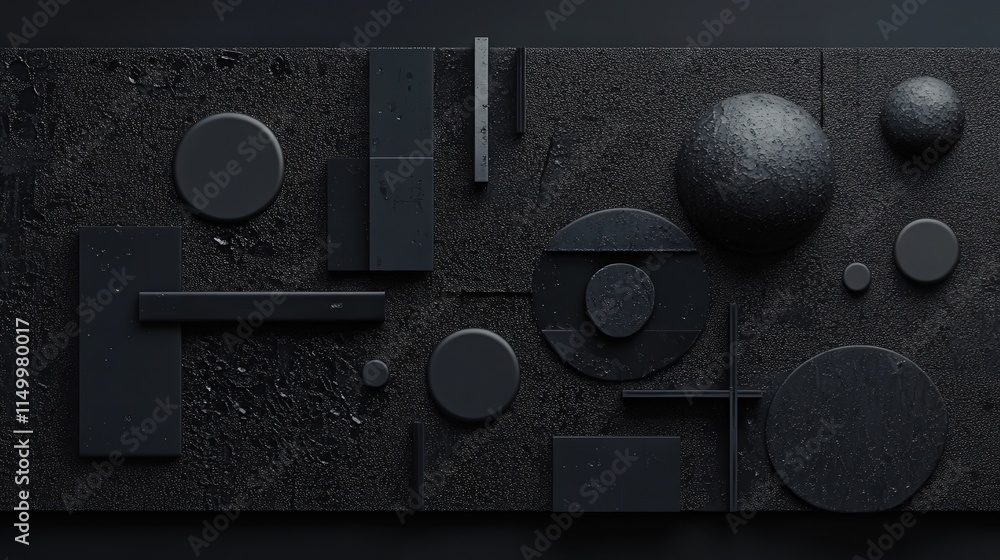 Poster visualize a deep black background featuring abstract shapes in a minimalist style.