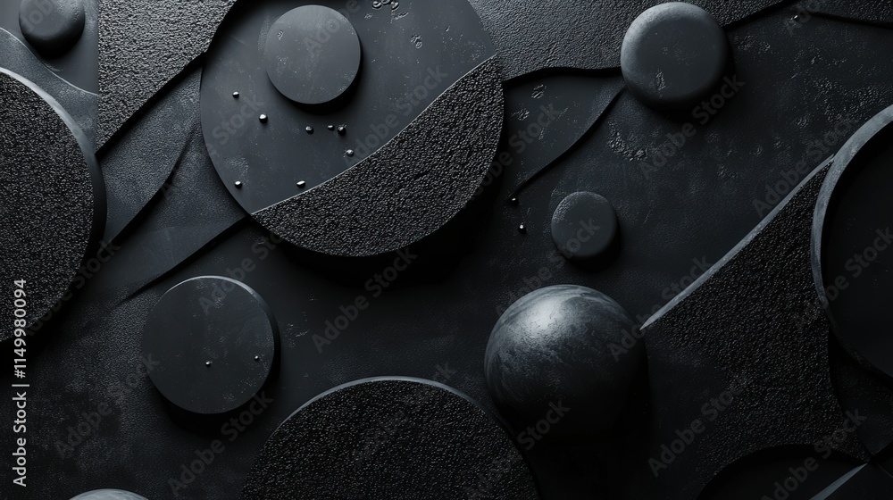Poster visualize a deep black background featuring abstract shapes in a minimalist style.