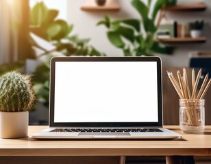 Fototapeta premium Generated image Blank Screen Laptop Mockup on Wooden Desk