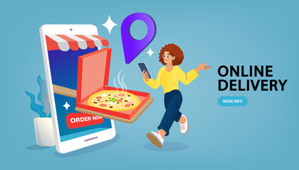 Woman standing near big mobile phone. Internet digital store scene with people on shopping. E-commerce advertising illustration. fast online delivery service. marketing and digital marketing. Vector