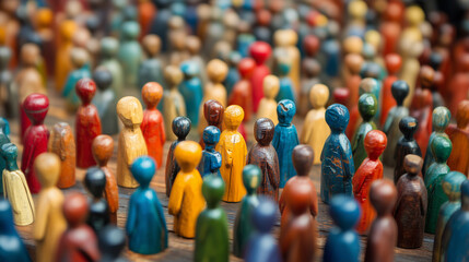 Fototapeta premium Colourful wooden figures, visualizing diversity of all people, created with generative AI technology