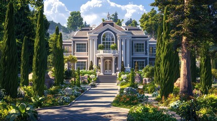 Grand Mansion with Lush Gardens and a Sunny Day