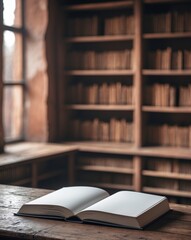 Blank Book Cover on Table with Bookshelf Background in Library Setting