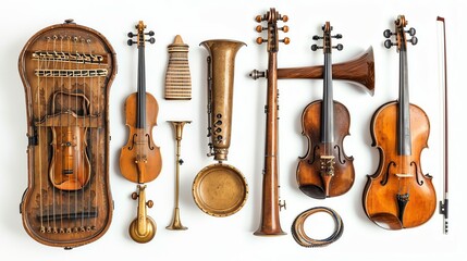 Naklejka premium An assortment of antique musical instruments, including violins, a zither, a saxophone, a horn, a drum, and a bow, are arranged on a white background.