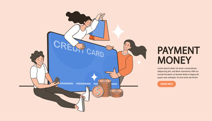 Woman standing near big mobile phone. Internet digital store scene with people on shopping. E-commerce advertising illustration. fast online delivery service. marketing and digital marketing. Vector