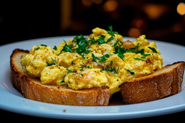 Fototapeta premium Scrambled eggs on toasted bread with fresh herbs create a delightful breakfast experience