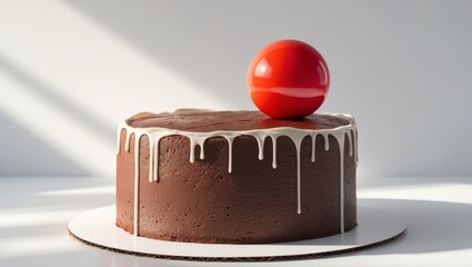 A chocolate cake with a red ball on top and a white frosting drizzle