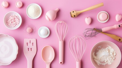 A flat lay of pink baking supplies on a pink background.