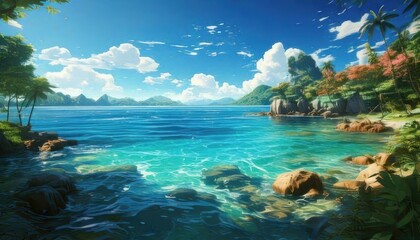 beautiful and bright beach scenery with anime style background