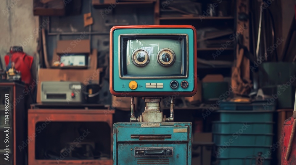 Poster a charming retro-styled robot with large expressive eyes, placed in a vintage workshop setting fille