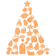 Christmas greeting cards with Gingerbread Cookies design.  Holiday tree, illustration of holiday elements, including snowflakes, snowman, mushrooms,houses.