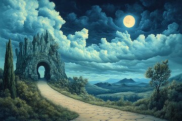 Mystical stone archway leads to a moonlit landscape