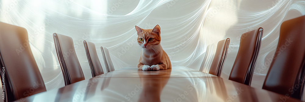 Poster an abstract portrayal of a cat at a conference table, surrounded by flowing lines and shapes that co