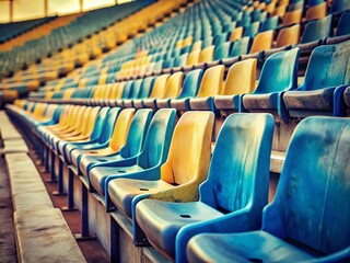 Naklejka premium Vintage Stadium Seats: Empty Bleachers in Blue and Yellow, Blurred Background