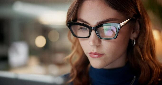 Tablet, reading and business woman in office to scroll, check email or campaign results at night. Technology, glasses and creative worker on app for ads, promo and social media marketer in startup