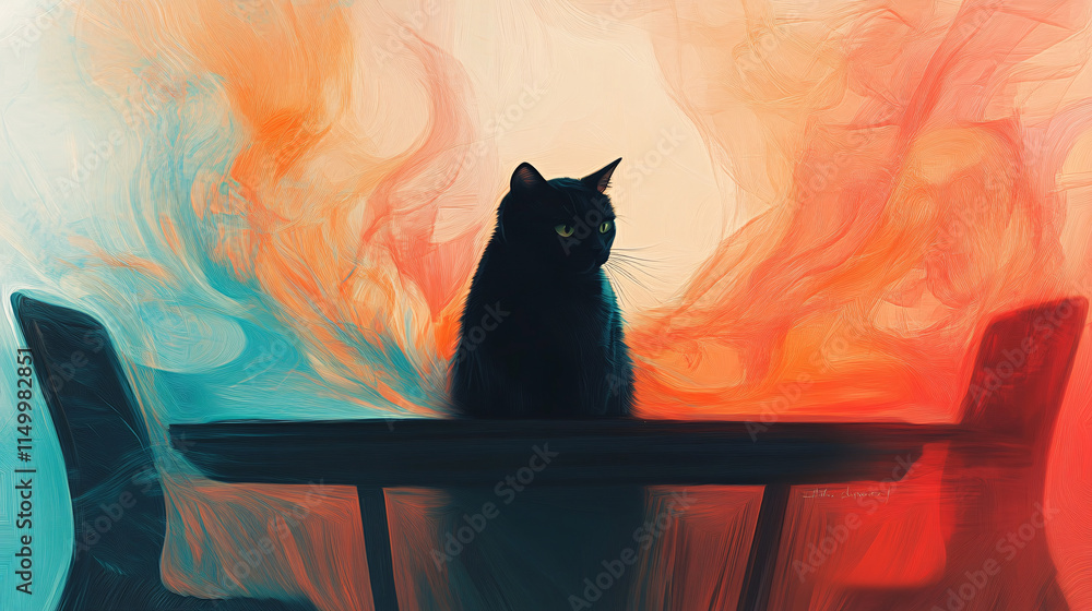 Poster an abstract portrayal of a cat at a conference table, surrounded by flowing lines and shapes that co
