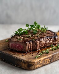 Grilled Strip Steak on Rustic Wooden Cutting Board with Herbs and Spices